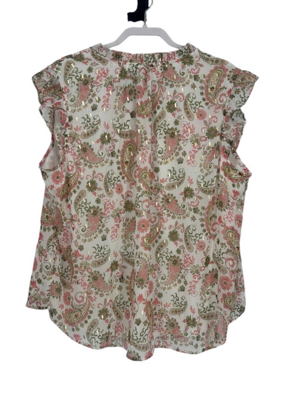 Tamara H Women Paisley Floral Blouse 2X Plus Gold Metallic Tie Boho Neck Ruffle - Picture 2 of 9
